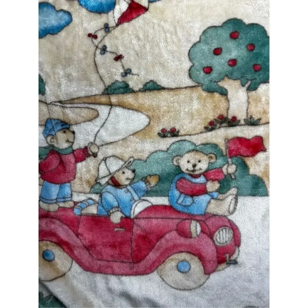 Rare Vintage Baby Fleece Blanket Teddy Bears Family On the Car 36” X 30” *Notes